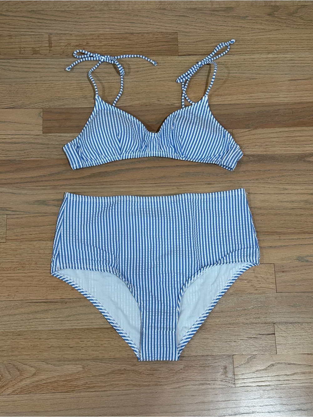 NWOT J.Crew Blue and White Striped Seersucker Bikini, Size Medium